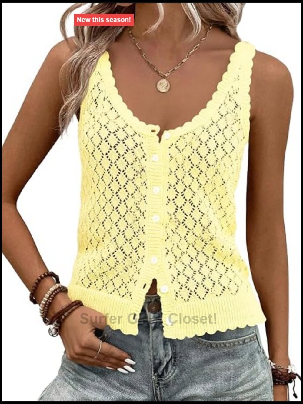 Women's Sleeveless Knit Sweater Vest Boho Crochet Button Down Tank Top
